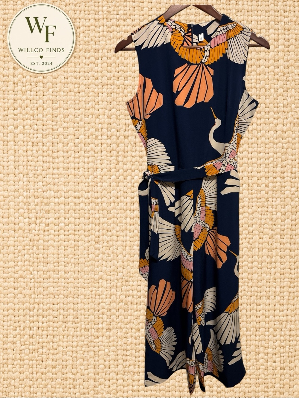 Navy Crane Bird Print Wide Leg Jumpsuit Women’s Small Belted Sleeveless